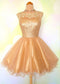 Sandy A Line Homecoming Dresses Cap Sleeve Jewel Appliques Sequins Sheer Gold Organza Backless