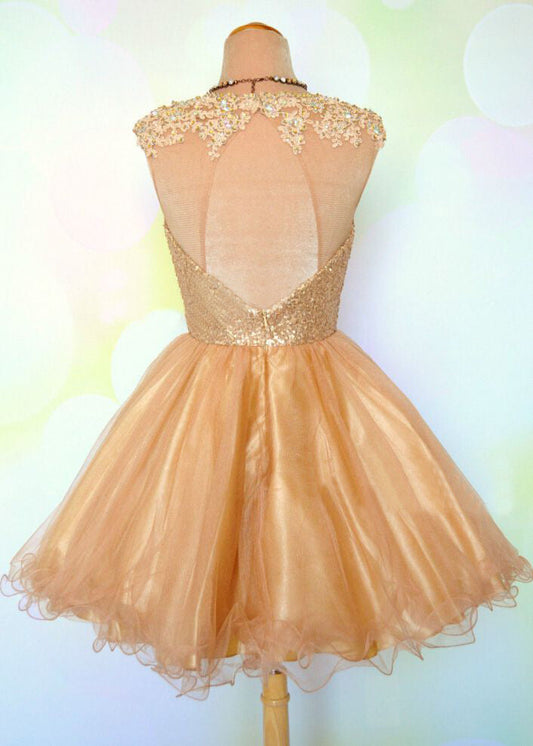 Sandy A Line Homecoming Dresses Cap Sleeve Jewel Appliques Sequins Sheer Gold Organza Backless
