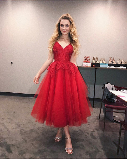 Ball Gown V Neck Spaghetti Straps Tulle Pleated Lace Homecoming Dresses Magdalena Red Appliques