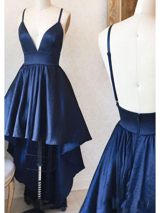 High Low Satin Jaycee Homecoming Dresses A Line Navy Blue Deep V Neck Spaghetti Straps Backless