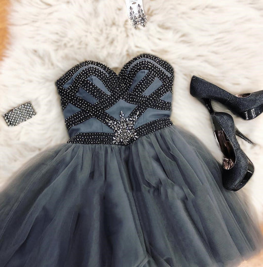 Dark Homecoming Dresses A Line Mayra Grey Strapless Sweetheart Beading Tulle Pleated Short