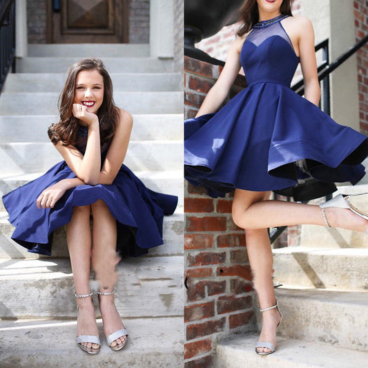 Halter See A Line Homecoming Dresses Shelby Satin Through Navy Blue Pleated Short Sleeveless