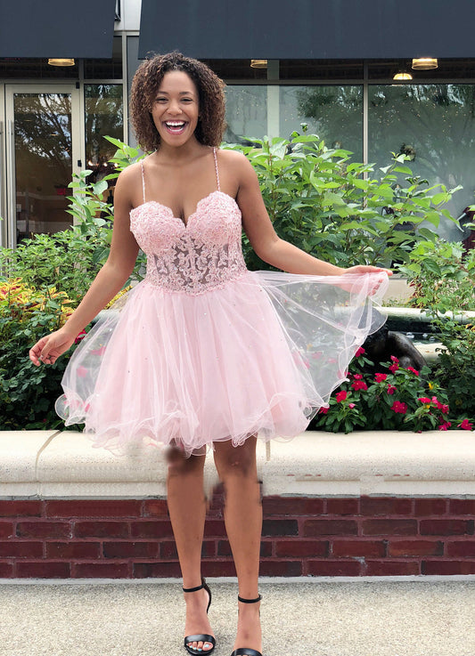 Spaghetti Straps Sweetheart Organza A Line Lindsay Lace Pink Homecoming Dresses Pleated Sexy