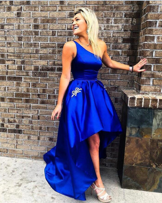 Homecoming Dresses Maddison Satin Royal Blue One Shoulder High Low Pleated Sleeveless Ball Gown