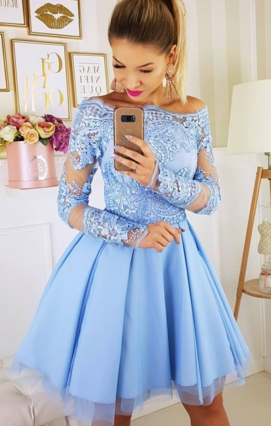 Long Sleeve Off The Shoulder Appliques Pleated Robin Homecoming Dresses Lace A Line Tulle Short