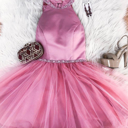 Halter Tulle Sleeveless Short Pleated Pink Saige A Line Homecoming Dresses Simple Beading