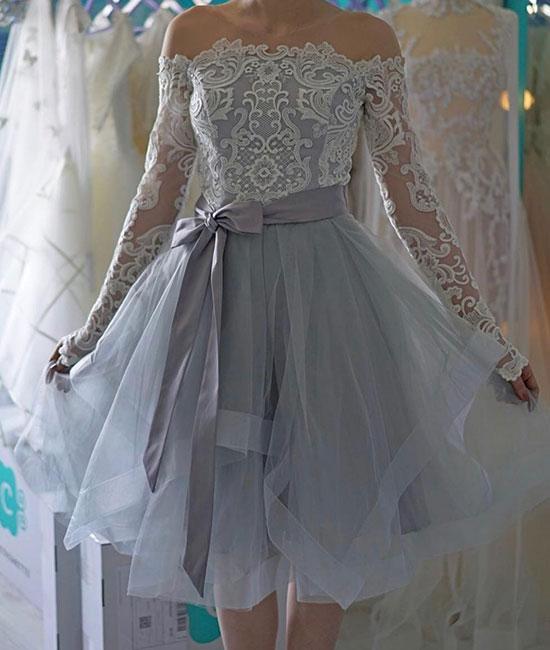 Off Kianna Homecoming Dresses A Line Lace The Shoulder Long Sleeve Organza Lavender Bowknot