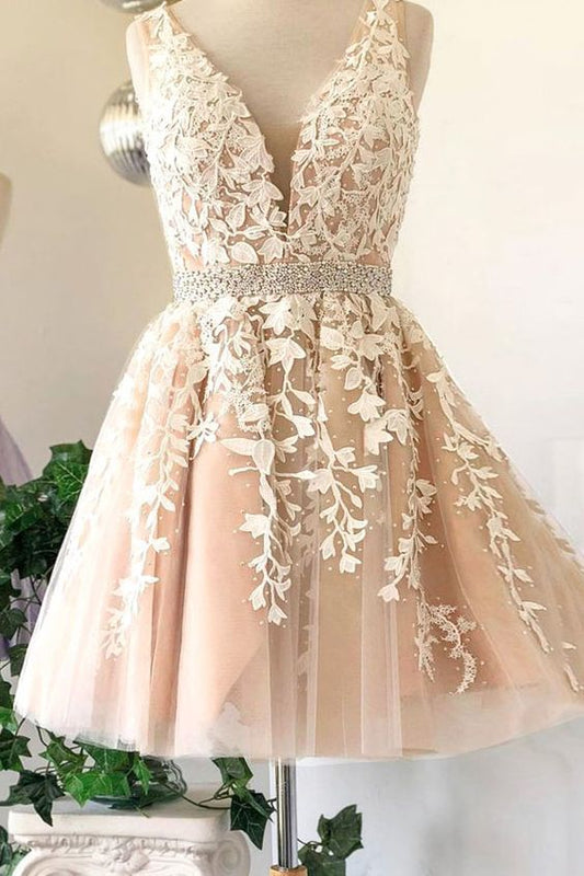 Deep Homecoming Dresses Lace Leilani Ivory A Line V Neck Sleeveless Tulle Appliques Pleated