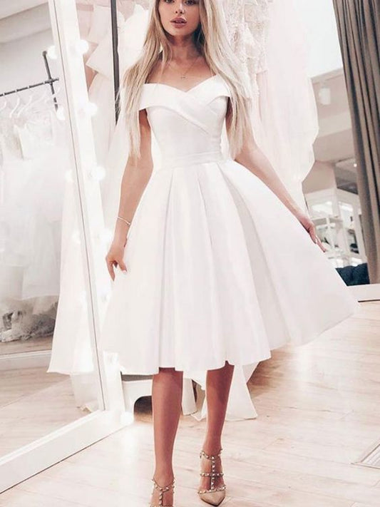 Off The Shoulder Pleated Homecoming Dresses Ivory Leah Satin A Line Knee Length