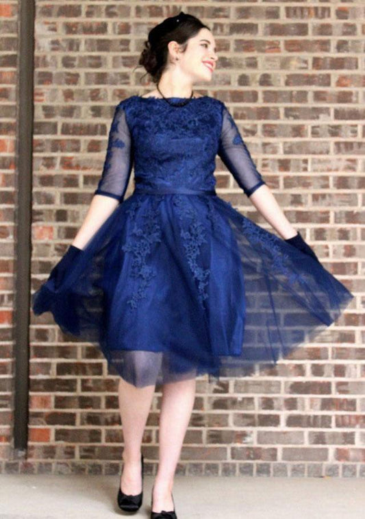 Homecoming Dresses Lacey A Line Bateau Navy Blue Half Sleeve Tulle Appliques Pleated Elegant