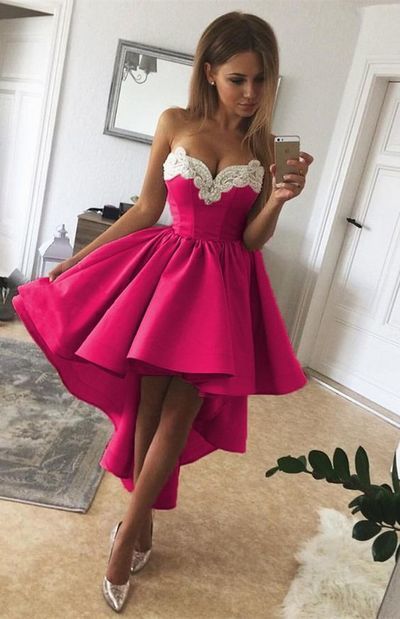High Low Fuchsia Strapless Sweetheart Appliques Homecoming Dresses A Line Summer Pleated
