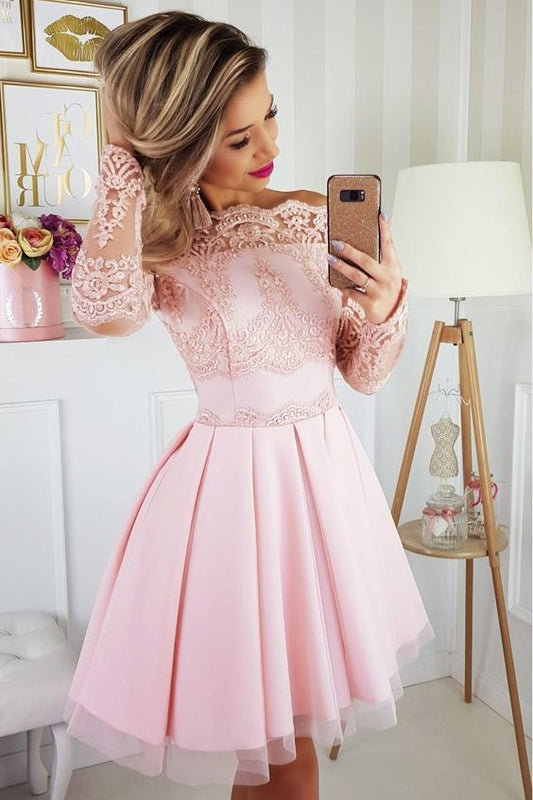 Off The Shoulder Appliques Lace A Line Homecoming Dresses Chasity Pink Long Sleeve Tulle Short