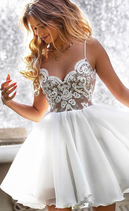 Madelyn Lace Homecoming Dresses Chiffon A Line Spaghetti Straps White V Neck Appliques Short