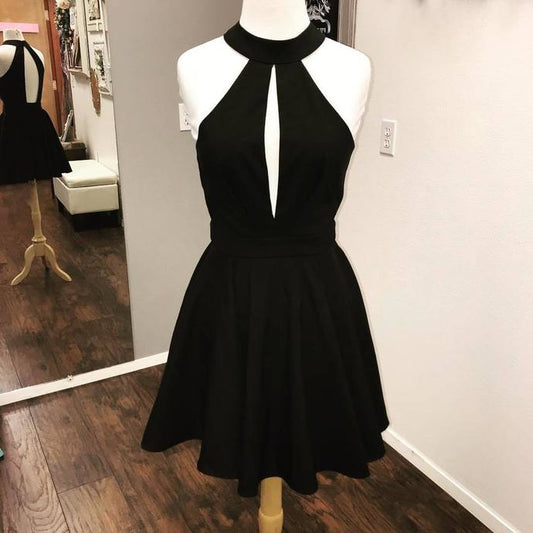 Halter Black Sleeveless Cut Out Nadine A Line Homecoming Dresses Satin Pleated Backless Short
