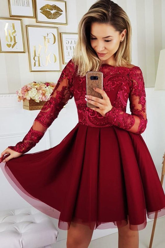 Burgundy Long Sleeve Bateau A Line Lace Abigail Homecoming Dresses Appliques Tulle Pleated
