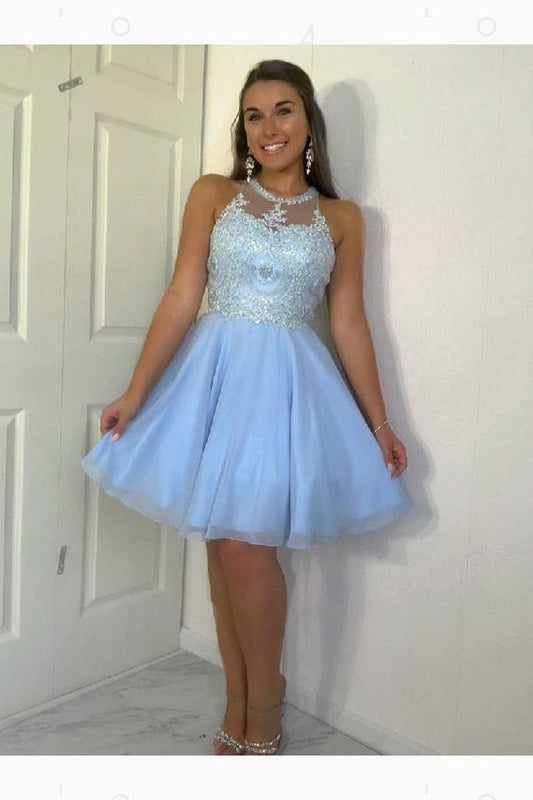 Halter Pleated Tulle Appliques Homecoming Dresses A Line Reagan Knee Length Sleeveless