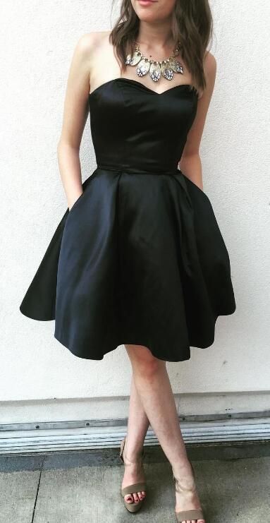 Black Strapless Sweetheart Pockets Satin A Line Homecoming Dresses Maren Backless Pleated