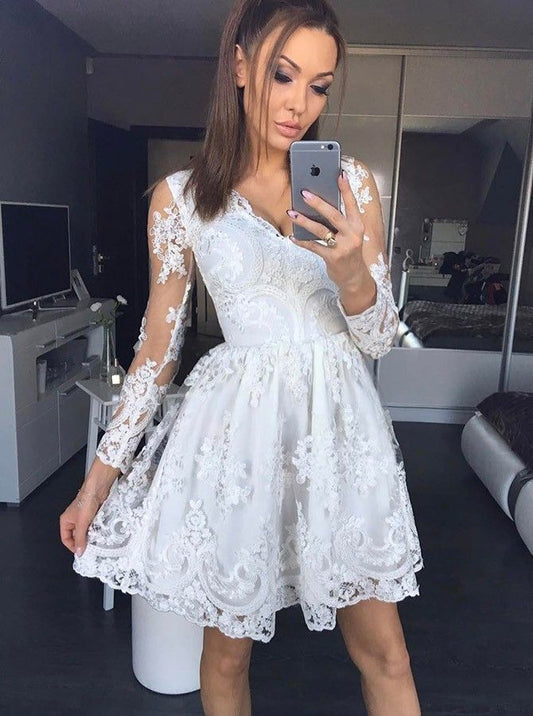 Long Sleeve Lace A Line Karla Homecoming Dresses White Deep V Neck Pleated Sheer Short