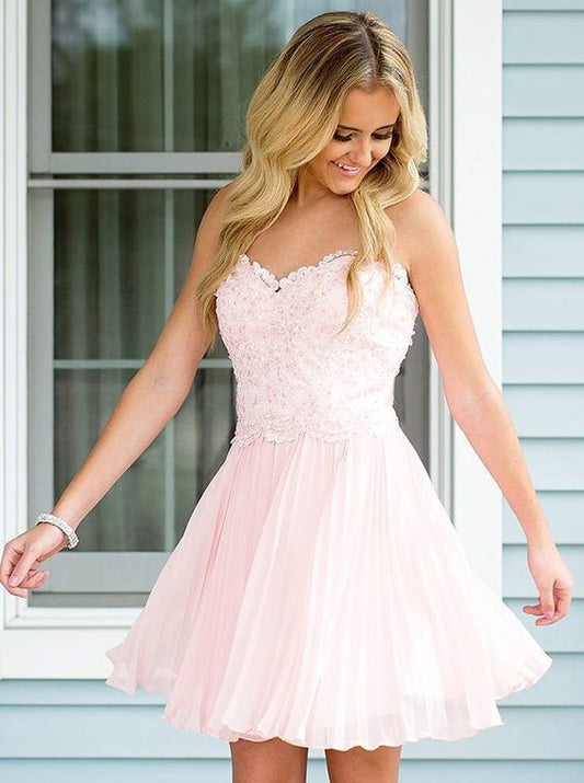 Strapless A Line Pink Homecoming Dresses Chiffon Taylor Sweetheart Pleated Appliques Blushing Short