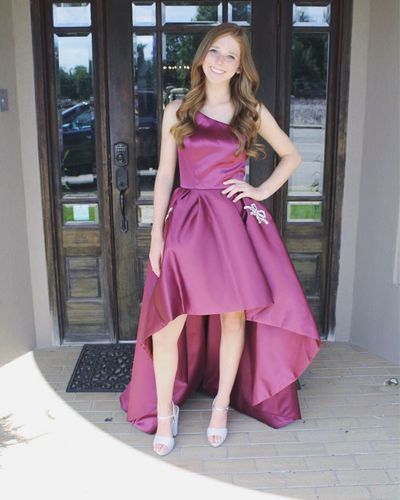 One Shoulder Sleeveless High Low A Line Homecoming Dresses Satin Virginia Floor Length Simple
