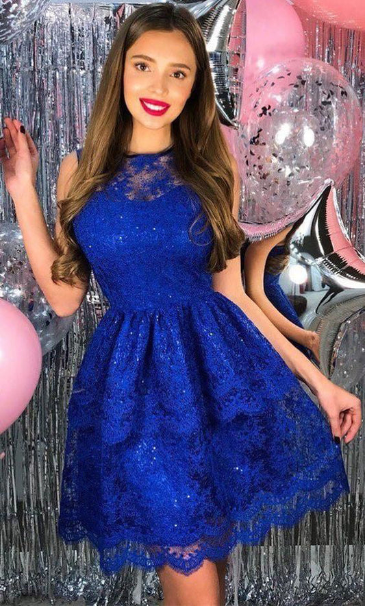 Jewel A Line Royal Blue Homecoming Dresses Lace Audrey Sleeveless Pleated Elegant Sexy Short