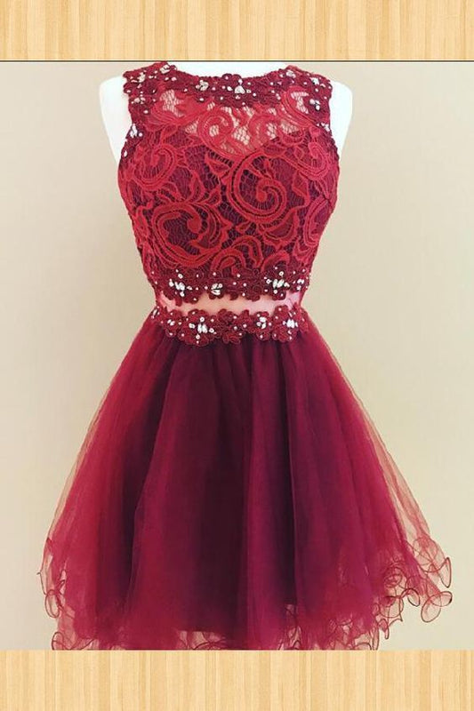 Short Sleeveless Jewel Homecoming Dresses Emmy Lace A Line Flowers Organza Burgundy