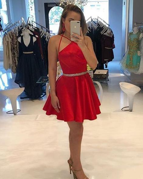 Halter Spaghetti Straps Sexy Pleated A Line Satin Meg Homecoming Dresses Short Red Simple