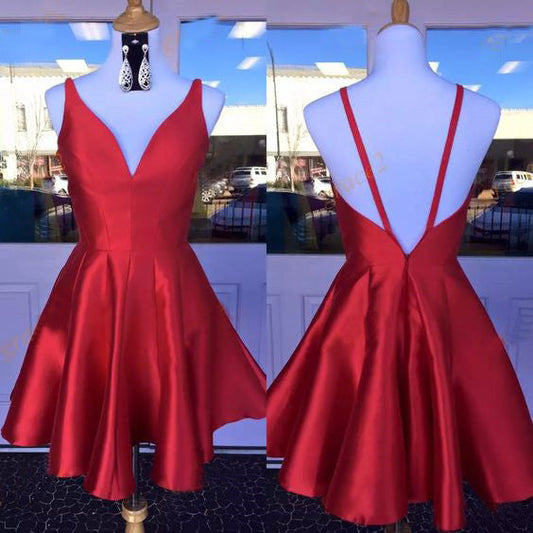 A Line Satin Jade Homecoming Dresses Deep V Neck Red Straps Backless Sleeveless Pleated