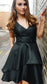 V Neck Homecoming Dresses Satin A Line Gwen Sleeveless Pleated Bowknot Belt Short Tiered