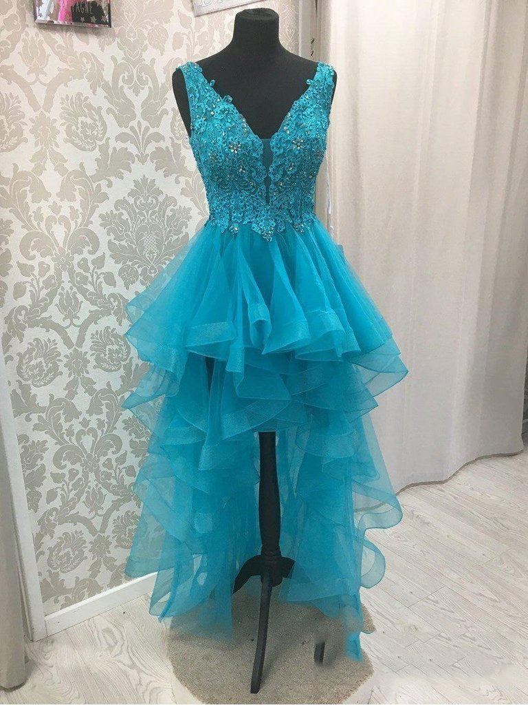 Blue V Neck High Low Organza Marianna Homecoming Dresses Pleated Appliques Backless Sleeveless