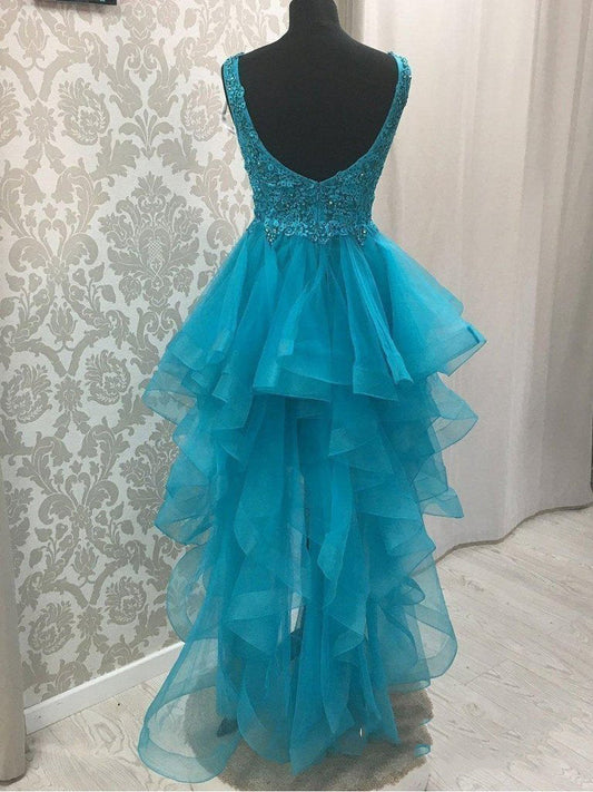 Blue V Neck High Low Organza Marianna Homecoming Dresses Pleated Appliques Backless Sleeveless