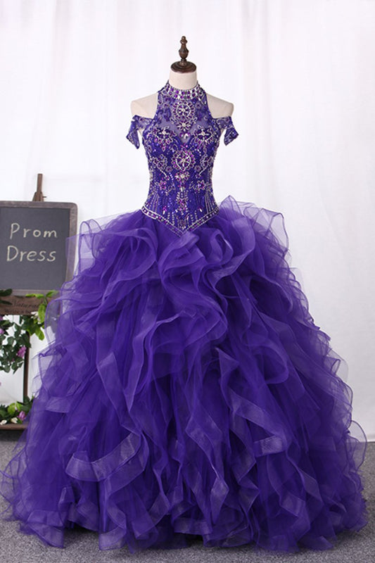 2024 High Neck Beaded Bodice Ball Gown Tulle Sweep Train Quinceanera Dresses