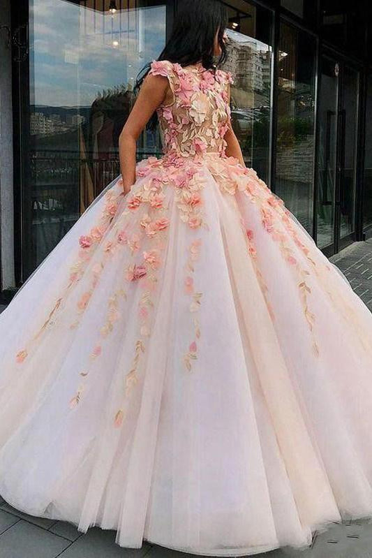 Princess Ball Gown Pink Tulle Prom Dresses with Handmade Flowers, Quinceanera SJS15658