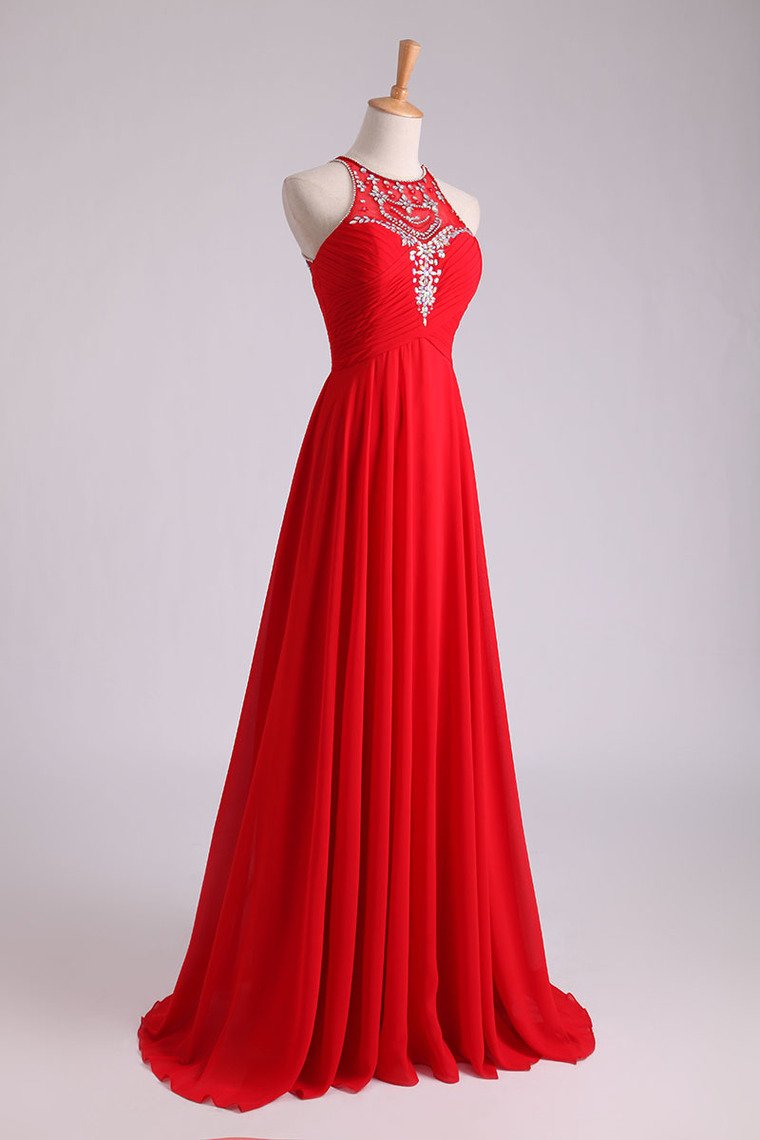 Scoop A-Line/Princess Prom Dresses With Beads And Ruffles Chiffon