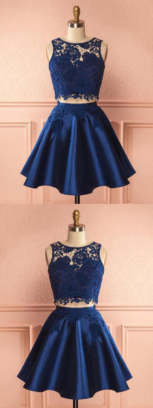 2 Pieces Lace Two Pieces Nancy Satin Homecoming Dresses Navy Blue Party Dress