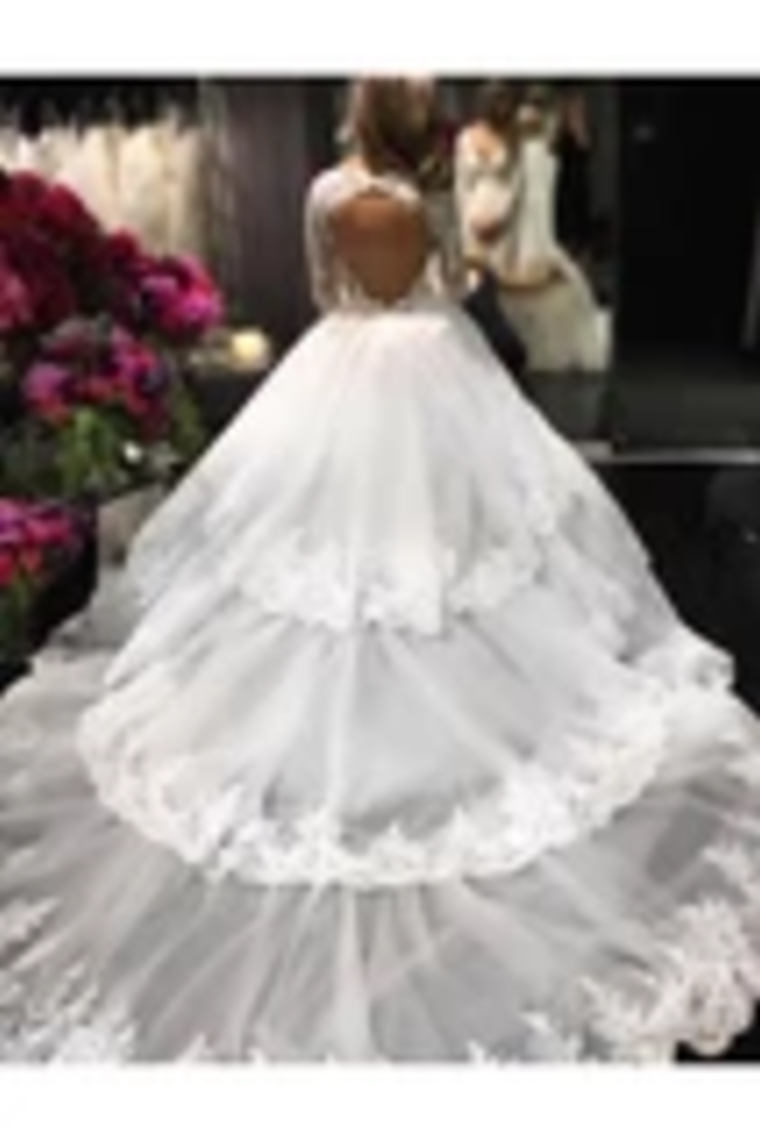 Ivory Deep V-Neck Long Sleeves Appliques Chapel Train Tiered Wedding Dress