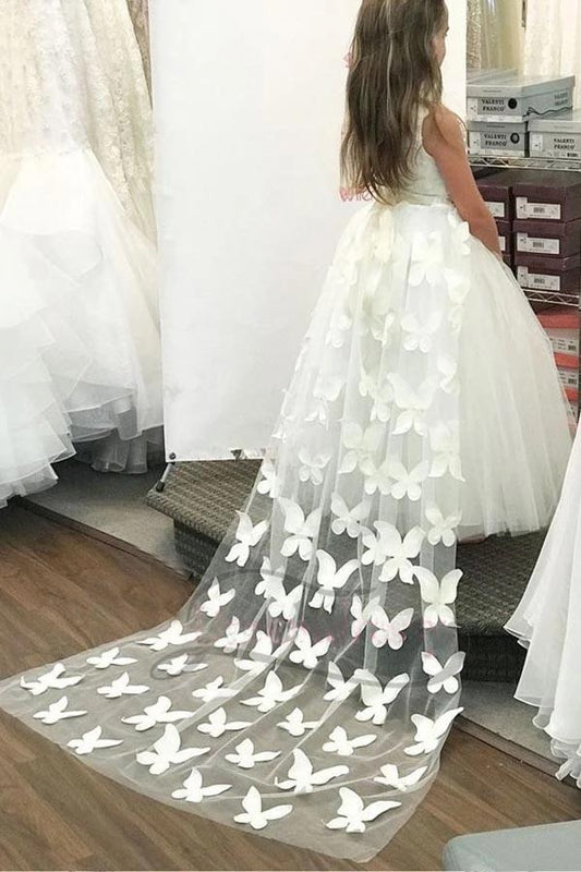 Princess A-line Ivory Long Flower Girl Dress with Flowers Train, Unique Baby Dresses SRS15288