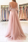 A Line Scoop 3/4 Length Sleeves Tulle With Applique Prom Dresses Sweep Train