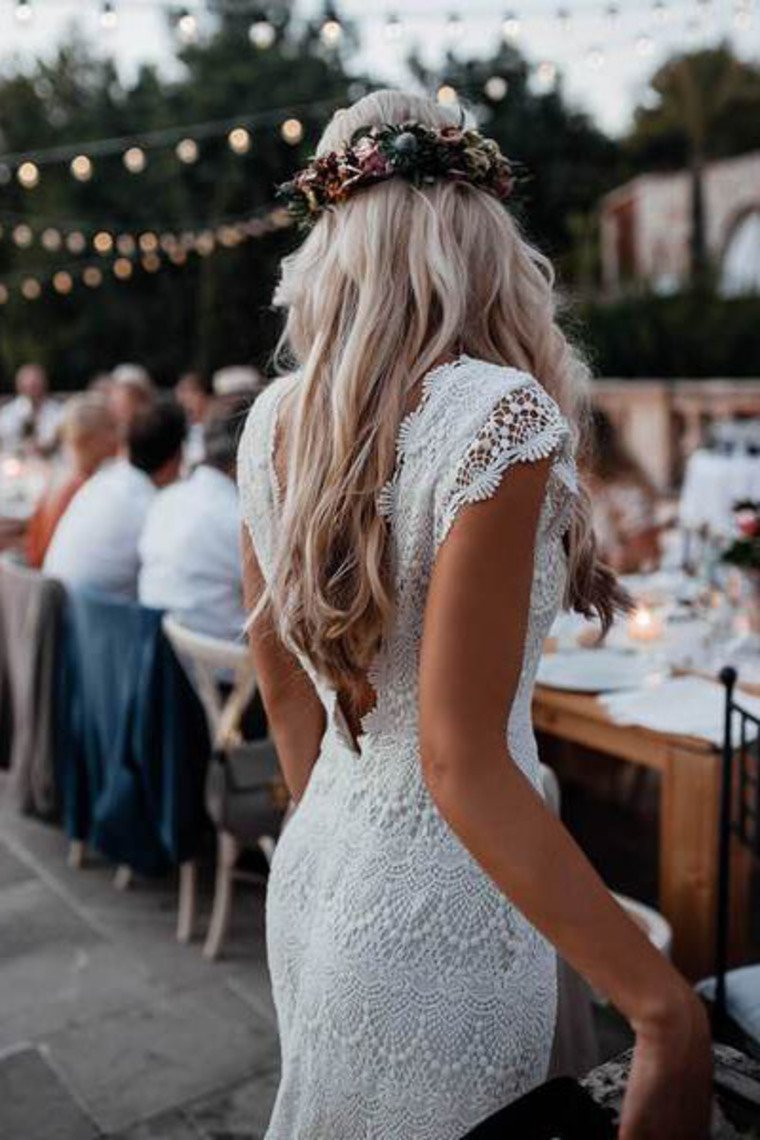 Backless Lac Mermaid Wedding Dresses Cap Sleeve Bohemian Bridal Gown