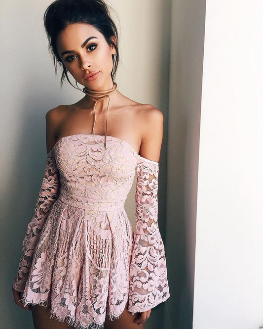 A-Line Off-The-Shoulder Long Sleeves Short Lace Homecoming Dresses Yaritza Cocktail Blush 2024