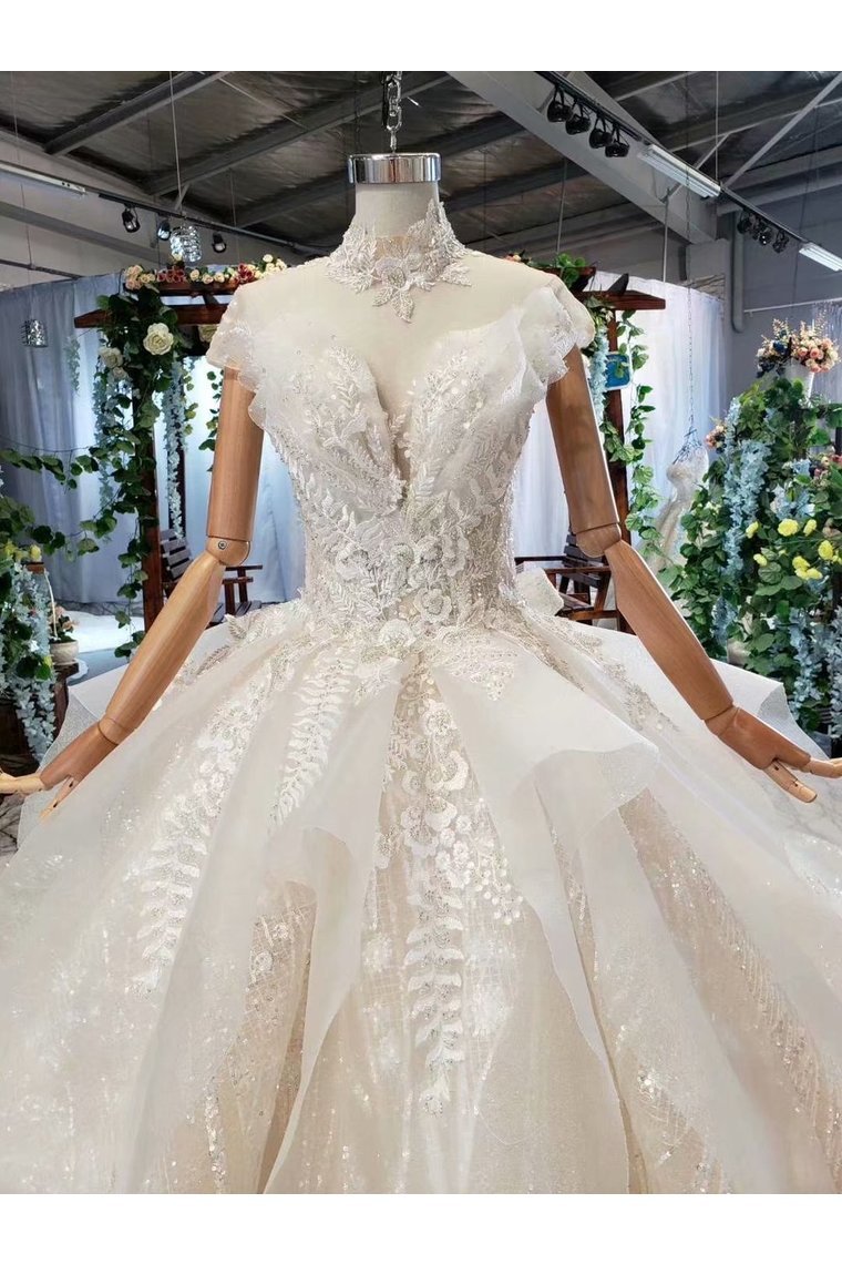 Ball Gown Wedding Dresses One And Half Meter Train Short Sleeves Top Quality Appliques Tulle Beading