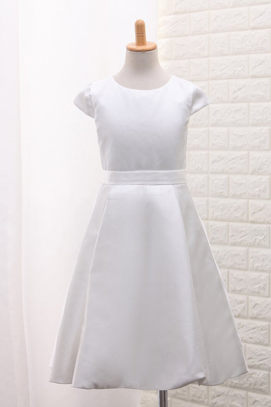 2024 New Arrival Satin A Line Scoop Flower Girl Dresses With Handmade Flowers