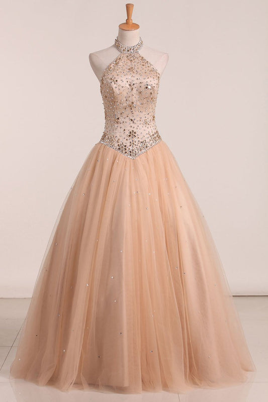 2024 New Arrival Halter Quinceanera Dresses A Line Tulle With Beading
