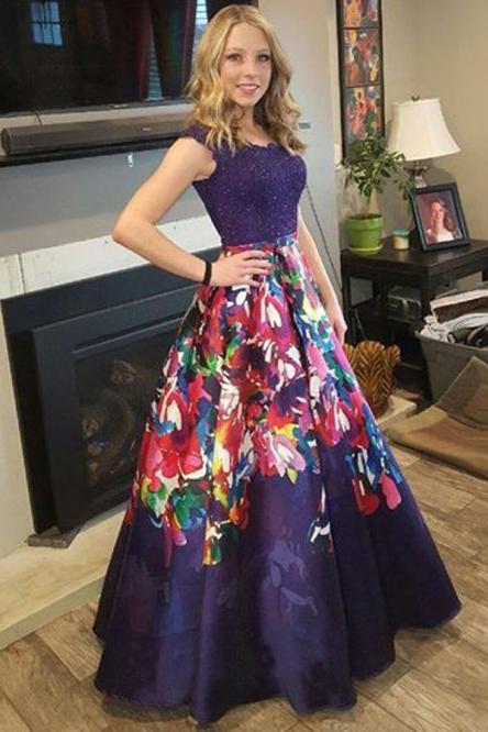 Elegant A Line Floral Satin Purple Prom Dresses with Lace, Long Dance Dresses SRS15576
