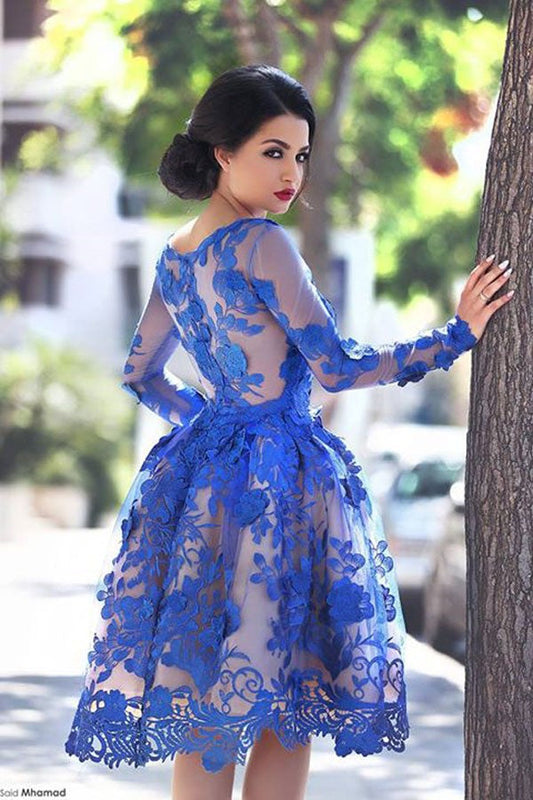 Princess/A-Line Round Knee-Length Long Sleeves Dresses India Homecoming Dresses Royal Blue Prom