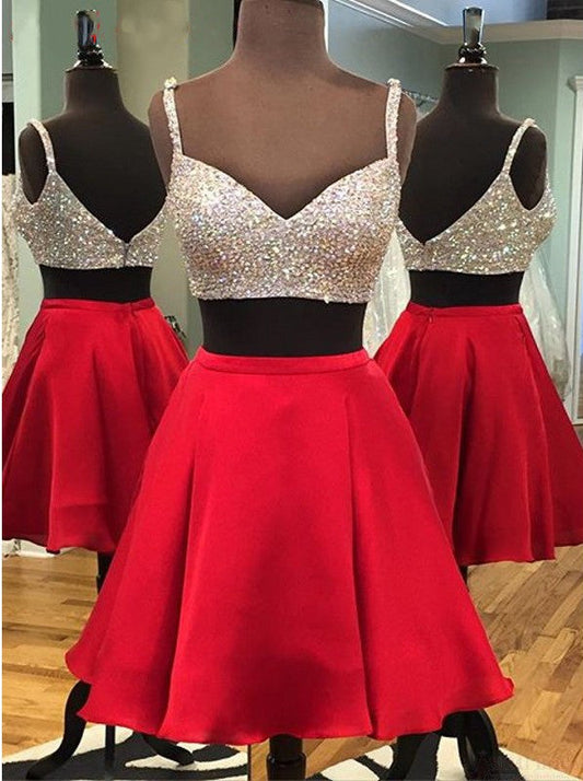Two Piece Sal Homecoming Dresses Spaghetti Straps Above-Knee Red With Sequins Beading