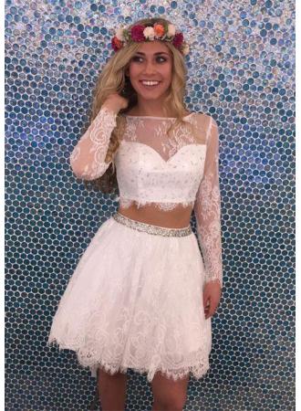 Two Piece Bateau Long Sleeves White Lace Jacey Homecoming Dresses Tulle 2024 With Beading