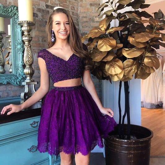 Two Piece V-Neck Beading Homecoming Dresses Lace Abbie Purple 2024 With