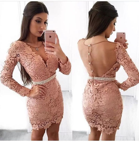 Sheath V-Neck Long Sleeves Blush 2024 Homecoming Dresses Emilia Lace With Pearls