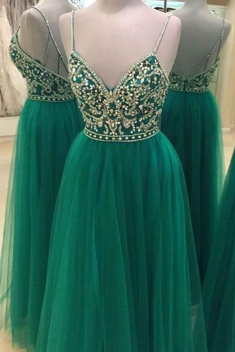 2024 A Line Spaghetti Straps Prom Dresses Tulle Beaded Bodice Zipper Up